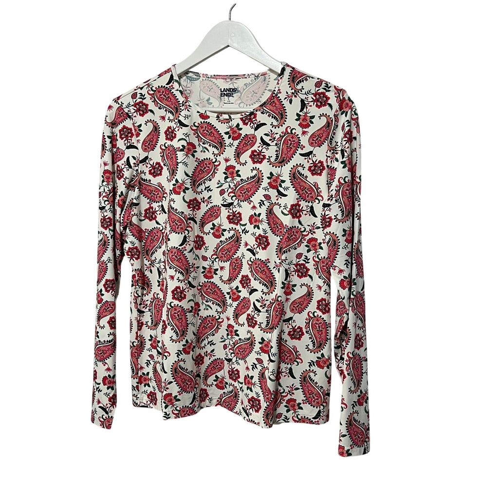 LANDS' END WOMENS SIZE LARGE PINK WHITE PAISLEY LONG SLEEVE RASHGUARD SWIM TOP - Picture 1 of 10